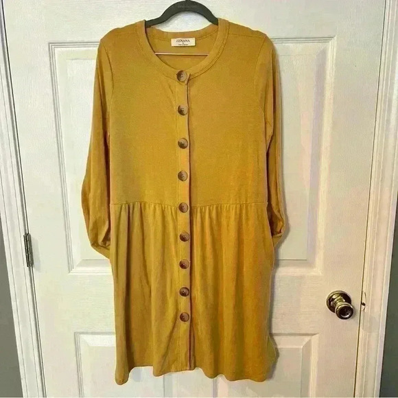 Zenana Mustard Yellow Button Down Casual Dress, Size Large - Picture 1 of 6